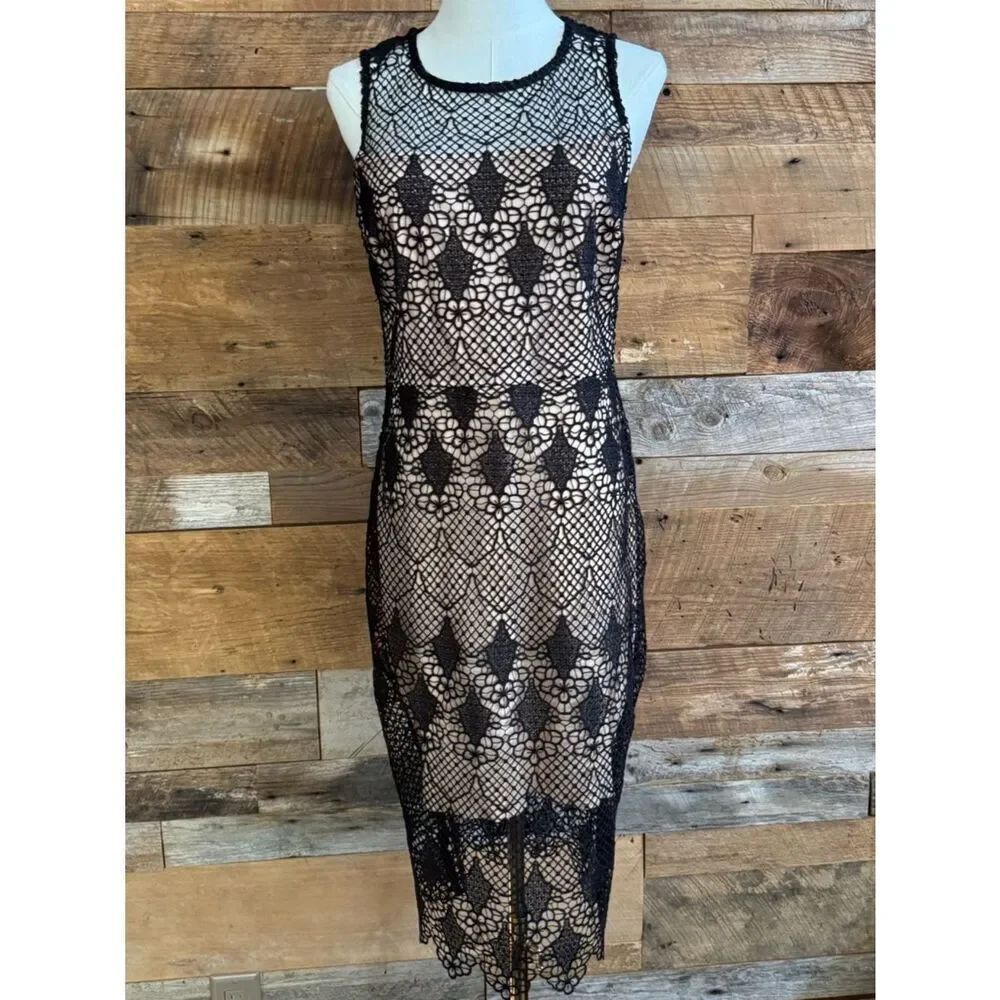 Bisou Bisou Black Crochet Lace Nude Illusion Sleeveless Midi Dress Womens Size 8
